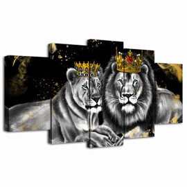 OuElegent 5 Piece Lion and Lioness Canvas Wall Art King and Queen with Golden Crown African Animal Painting Artwork for Living Room Bedroom Framed Ready to Hang