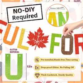 Pre-Strung Glitter Thankful for You Banner, Friendsgiving Decorations Banner Thanksgiving Party Decorations for Indoor Home Office Fall Party Decorations