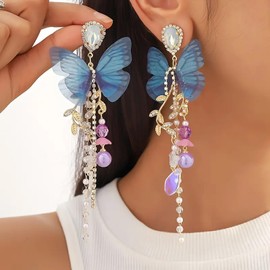 Purple Butterfly Earrings for Women Trendy Lavender Crystal Butterfly Long Dangle Earrings Butterfly Pearl Chain Tassel Earrings Lightweight Fairy Party Prom Wedding Jewelry for Women Girls Gift