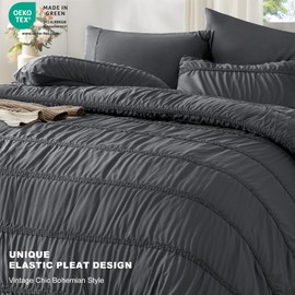 UNILIBRA Twin Comforter Set 5 Pieces, Boho Dark Grey Bed in a Bag Set, Lightweight Ruched Bedding Sets All Seasons with Comforter, Flat Sheet, Fitted Sheet, Pillow Sham, Pillowcase