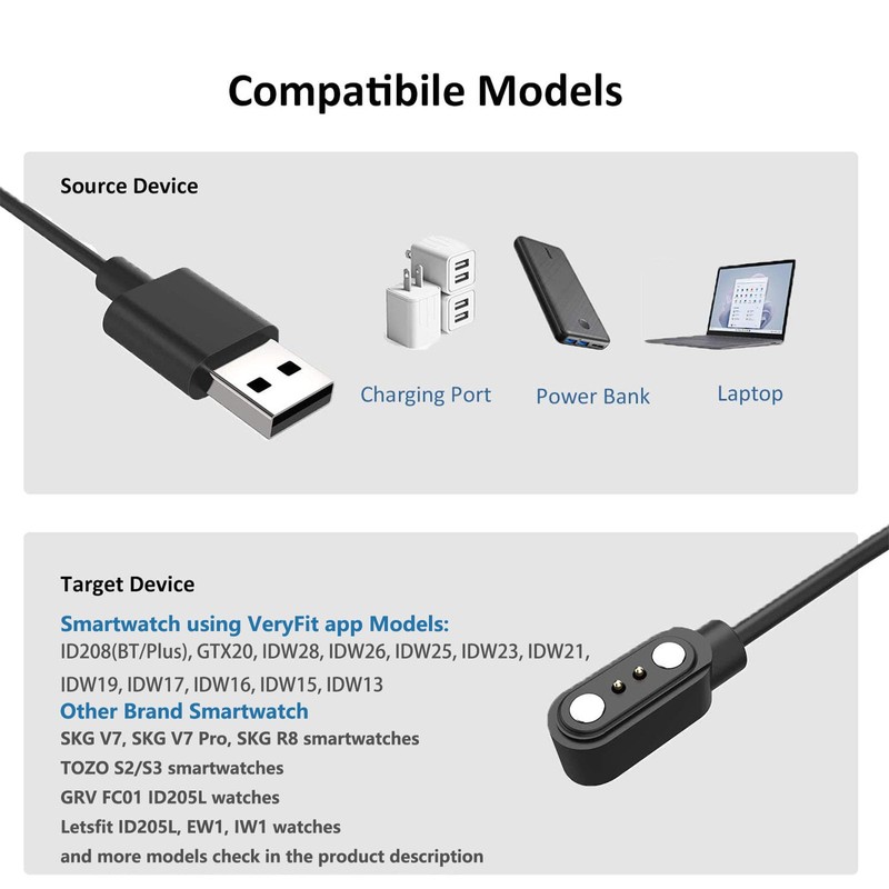 VBANU VeryFit Smartwatch Charger, Fit for ID208, GTX20, IDW13/15/16/17, IDW19/20/25/26/28