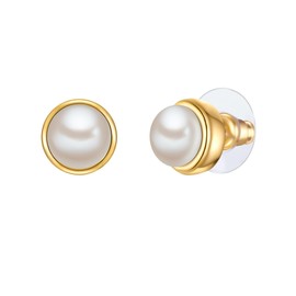 Yokoamii Women's Earrings Made of Metal Yellow Gold-Plated 14 Carat with Button Freshwater Cultured Pearl Approx. 8.0-8.5 mm Fashion Jewellery Stud Earrings