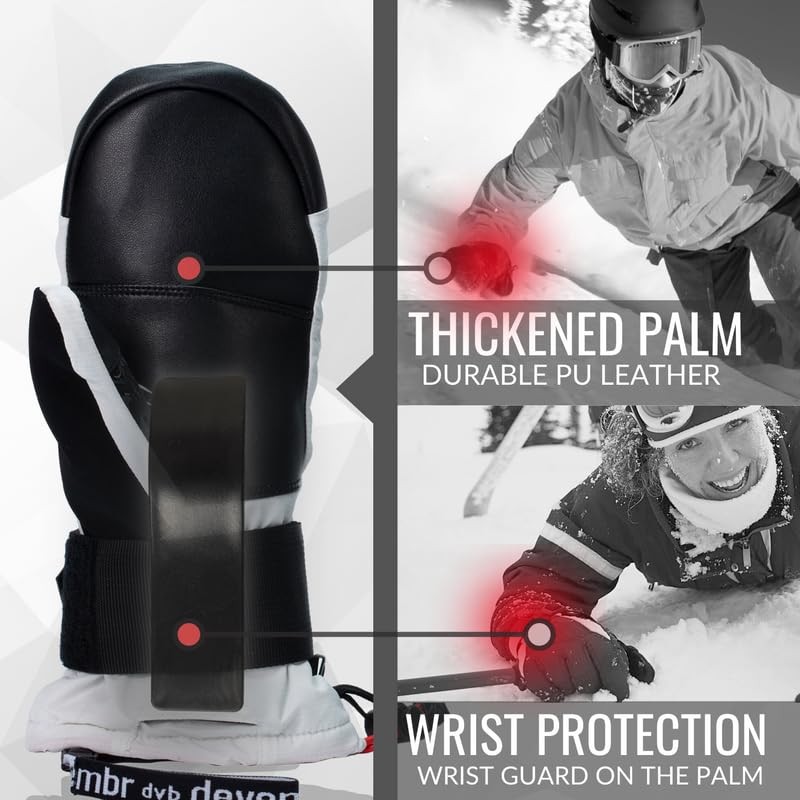 devembr Ski Mittens with Wrist Guards, Waterproof Snowboarding Mittens, White,