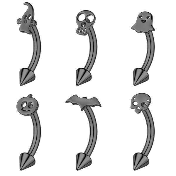 ZS 6Pcs 16G Skull Stainless Steel Eyebrow Piercing, Halloween Eyebrow