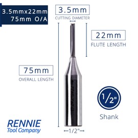 Rennie Tools - 3.5mm Cutting Diameter x 22mm Flute x 1/2" Shank TCT Tipped 2 Flute Straight Router Cutter Bit. Compatible With Makita Trend Festool Hikoki Dewalt Router Etc. 3.5mm Router Bit