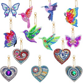 AFUNTA 13 Pieces DIY Diamond Painting Kit, 5D Diamond Painting Keychain Butterfly Bird Love Heart Diamond Art Keychain for Kids Adults Beginners