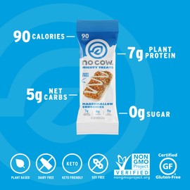No Cow Mighty Treats, Marshmallow Crunchies, 7g Plant Based Vegan Protein, Keto Friendly Snacks, Low Sugar, Low Carb, Gluten Free, Naturally Sweetened, Dairy Free, Non GMO, Kosher, 6 Count