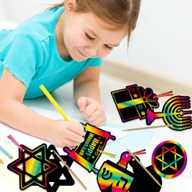 Qpout 24 Pack Hanukkah Scratch Art Hanukkah Scratch Paper Art Hanging Craft Set Magic Rainbow Scratch Off Cards for Kids Gifts Hanukkah Themed Party Favors School Home Activity Art Project