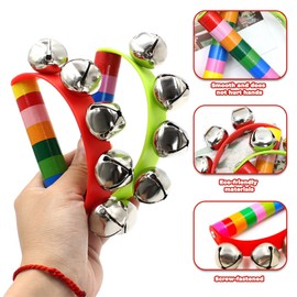 2Pcs Smooth Surface Hand Jingle Bells Rainbow Style Wooden Hand Bells Easy Grip Wood Handle Jingle Bells Instrument for School Band Performances