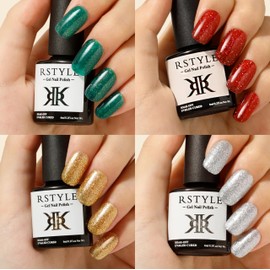RSTYLE Semi-Permanent Nail Polish, 4 Colors Christmas Red Green Glitter Semi-Permanent Nail Polish Soak Off UV/LED Lamp Semi-Permanent Nail Polish Diy Manicure Nail Art Set 6Ml