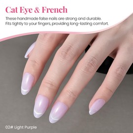 XZMeiLun Cat Eye Light Purple-Nude Pink Press On Nails Short Almond 60 Pcs Kit, Designer Reusable Acrylic Fake Nails with Glue, Glossy Soft Gel Nails for Women Wedding Party Gift - Glue On Nails Kit