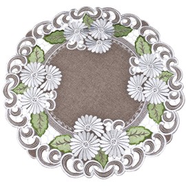Linens, Art and Things Embroidered White Daisy with Green Leaves on Brown, Table Topper, Round Doily, Table Centerpiece (24 inch Round)