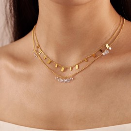 Deelfel Women's Necklace, Gold, Stainless Steel, Double Chain, Cubic Zirconia, Square & Drop Charm, Stackable Style, Delicate Design, Date, Birthday Gift, Gift, Stainless Steel Cubic Zirconia, Cubic