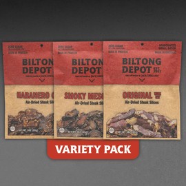 Biltong Depot Steak Slices Variety Pack (3oz, pack of 3): High Protein Snacks, No Sugar, Natural Dried Beef Jerky