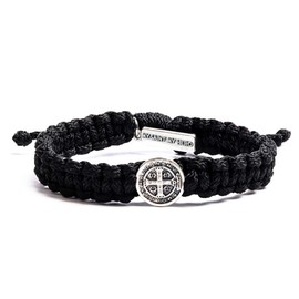 My Saint My Hero Men's One Blessing Bracelet - Handwoven, Black thread with silver Benedictine medal of Protection