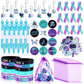Lingvee 122 Pcs Ribbons Awareness Accessories Includes Ribbons Bracelets Stickers Pins Pens Keychain for School Charity Fundraiser Public Activities Supplies(Suicide Prevention,Teal Purple)