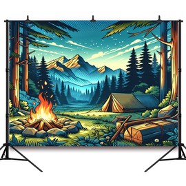 DePhoto 7x5FT Camping Backdrop Campfire Forest Scene Happy Camper Supplies Camping Theme Party Birthday Party Decoration Background