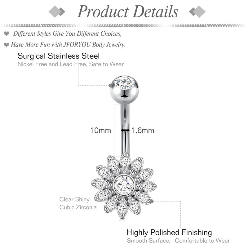 JFORYOU Silver Belly Button Ring 4 Pcs CZ Shiny Belly