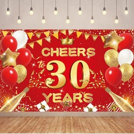 Red Gold Cheers 30 Years Backdrop Banner Happy 30th Birthday Background Decorations for Women Men Her Him Anniversary Photography Party Supplies.