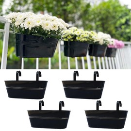 LaLaGreen Deck Railing Planter Box (17 Inch, 4 Pack) Large Black Metal Window Flower Boxes Outdoor, Wall Hanging Planters Plant Holder Hooks Fence Rail Buckets Countryside Boho Style Wall Mount Decor