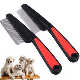 (2 Pack Fine and thick needles) Dog and Cat Lice Flea Comb, Fur Detangling Tool, Grooming and Massage Stainless Steel Comb， Pet Hair Comb for Home Grooming Kit, Removes Knots, Mats and Tangles