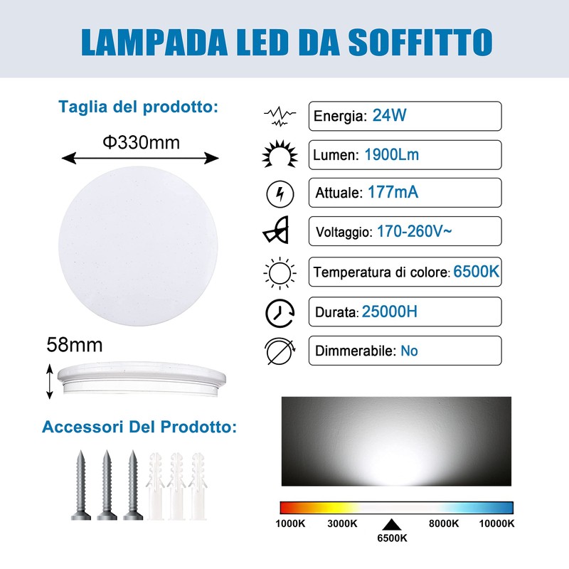 EXTRASTAR LED Ceiling Light 24 W, Modern 6500 K Cool