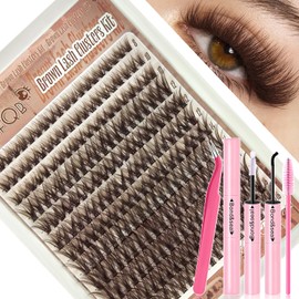 Brown Lash Clusters Kit 50D Natural Dark Brown Eyelash Clusters 8-18mm, 240Pcs Individual Wispy Fluffy Lashes D Curly Cluster Eyelash Extensions with Bond and Seal Tweezers Brush for Beginner