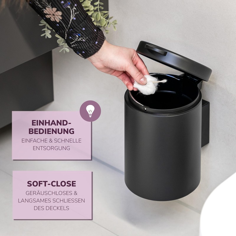 bremermann Wall-Mounted Cosmetic Bin, 3 Litres, Bathroom Bin, 2-Way Mounting,
