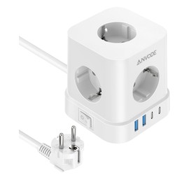 9-in-1 Socket Cube with USB C, 5-Way Multiple Plug Socket with Switch, Power Strip, Surge Protection with 4 USB, Distribution Socket 2 m for Home (White)