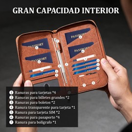Porta Pasaporte de Piel PU con Bloqueo RFID, Porta Pasaporte y Visa Impermeable de Gran Capacidad, Funda Pasaporte con Porta Bolígrafo y Correa para Familiar, Mujer y Hombre (Marrón)