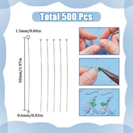 SUNNYCLUE 1 Box 500Pcs 50mm Ball Head Pins Long Earring Pins Silver Brass Jewelry Headpin Findings Small Flat Round Ball Head Pin for Jewelry Making Earring Charm Bracelet Accessories Supplies DIY