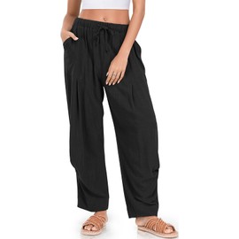 TARSE Women Linen Pants Casual Loose Drawstring Low Waist Beach Palazzo Harem Pants, Black, XL