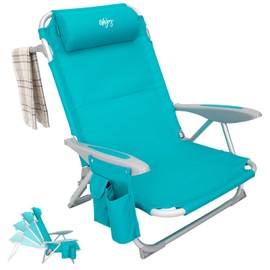 #WEJOY Folding Beach Chair for Adults, 4-Position Aluminum Lightweight Beach Chair, Low Beach Chairs with Shoulder Strap, Cup Holder and Padded Headrest, Supports 265lbs for Beach Lawn, Cyan