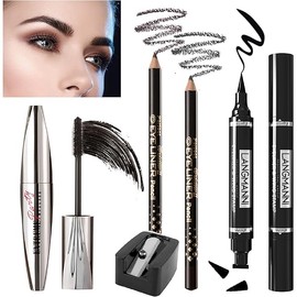 Mascara Eye Liner Eye Makeup Set Waterproof Liquid Eye Liner Stamp Mascara Black volume and length Eyelash Quick Drying Long Lasting Eye liner Pencil Cosmetic Kit with Sharpener for Women Girls