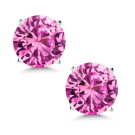 Gem Stone King 14K White Gold Pink Created Sapphire Stud Earrings | 2.00 Cttw | Round 6MM | Gold Earrings For Women Men