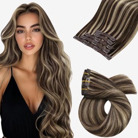 Moresoo Clip in Hair Extensions Human Hair Brown Ombre Blonde Human Hair Extensions Clip in Dark Brown with Strawberry Blonde Highlight Human Hair Clip in Extensions 12 Inch 5Pcs 80g