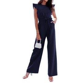 BTFBM - Overol para mujer, cuello redondo, manga casquillo con volantes, cinturón de cintura alta, pierna ancha con bolsillos, traje casual de una pieza, marino, XXL