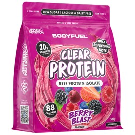 BodyFuel Clear Protein - Beef Protein Isolate - Clear & Refreshing - Best Low Sugar & Lactose-Free Protein Supplement - Muscle Support (500g - 20 Servings) (Berry Blast)