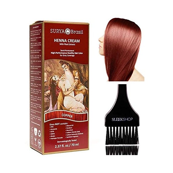 Surya Brasil All Natural HENNA Hair Color CREAM Plant Extracts, Semi-Permanent for Grey Coverage (with Brush) Brazil (COPPER)