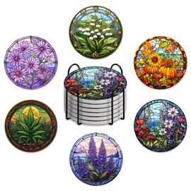 Coasters Set of 6-4in Diameter Absorbent Ceramics Coasters with Holder-Plant Flowers Style Drink Coasters for Tabletop Protection-Coffee Bar Accessories & Home Decor-Housewarming Gifts for New Home