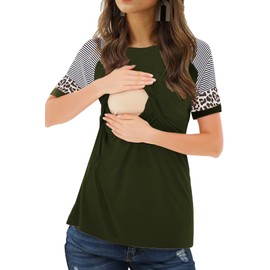 Smallshow Women's Nursing Shirts Short Patchwork Sleeve Breastfeeding Top Army Green Small