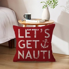 ULOVE LOVE YOURSELF Costal Beach Throw Pillow Cover Let’s Get Nauti Anchor House Decor Cushion Covers Nautical Summer Decorative Pillowcases 18x18 inch(Red)