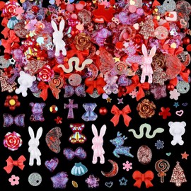 3D Resin Butterfly Bear Nail Accessories Peach Blossom Star Bow Snake Rabbit Animal Shape Water Diamond Pearl Suitable for DIY Nail Decoration Production Process Accessories (200pcs,Festive Red)