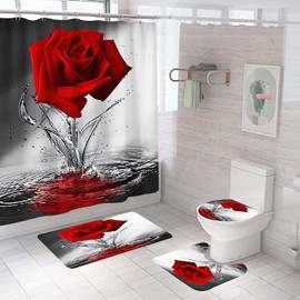 Albodanl 4Pcs Red Rose Shower Curtain Sets with U Shape Toilet Lid Cover and Bath Mat, Red Floral Shower Curtain Modern Bathroom Decor Sets with Hooks 72 X 72 Inches