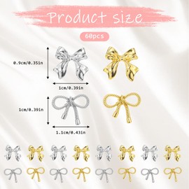 Lnngub 60pcs Bow Nail Charms 3D Metal Bow Charms for Nails Nail Bow Charms Nail Art Charms Nail Accessories Gold Silver White Kawaii Bow Knot for Women Girls Manicure