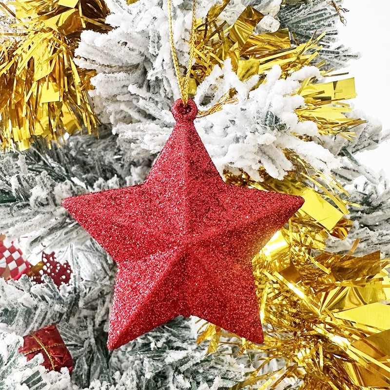 6 PCS Red Star Hanging Baubles Ornaments, 3D Glitter Star