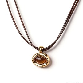 Zurlcdye Tigers Eye Necklace for Women Gold Stone Pendant Double Leather Chunky Vintage Statement Trendy Big Brown Necklaces Birthday Christmas Gifts Jewelry Gifts