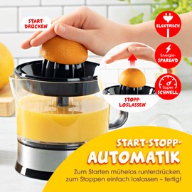 GOURMETmaxx elektrischer Entsafter für Zitrusfrüchte & Orangensaft | Saftpresse bis 700 ml Füllvolumen | Zitruspresse mit verschiedenen Zubehör für frischesten Geschmack | 40 W [transparent/silber]