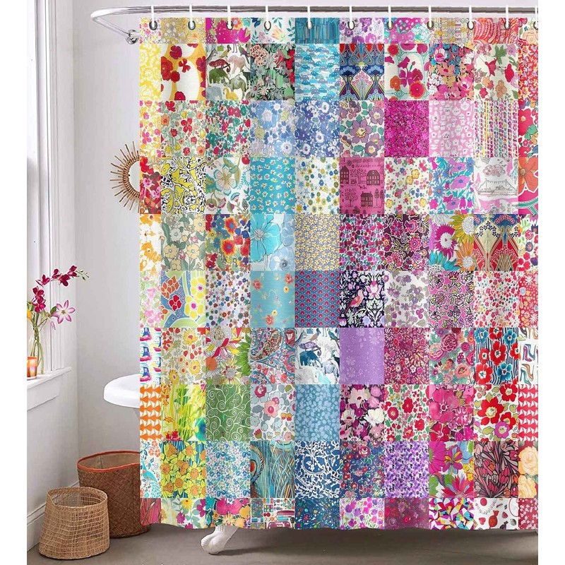 GURETER Boho Patchwork Shower Curtain, Spring Blooming Splicing Flowers Pattern