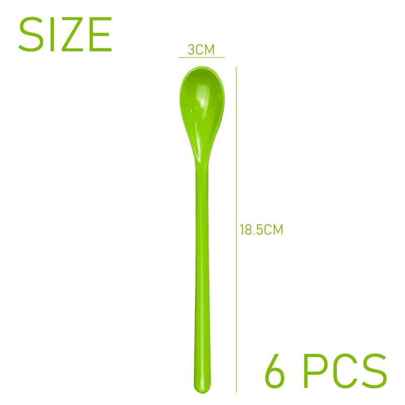 Pack of 6 Spoons with Long Handle, Colourful Plastic Spoons,